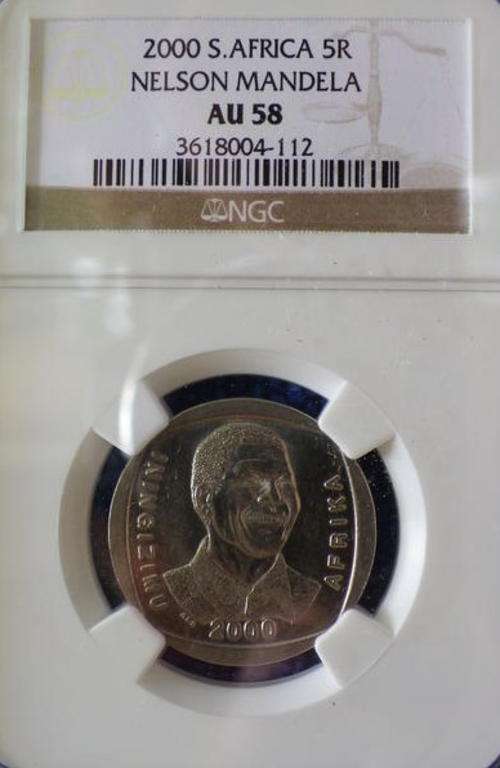 2000 NELSON MANDELA R5 ''SMILEY''.NGC GRADED AU58. SCARCE!!